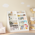 Kids Bookshelf and Toy Storage Organizer, Multifunctional 4-Tier White Wooden Bookcase with Toy Bin for Nursery, Playroom, or