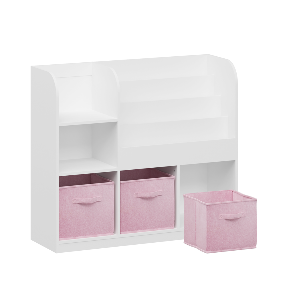 Kids Bookcase and Bookshelf with 3 Collapsible Fabric Drawers, Multifunctional White/Pink Display Stand for Bedroom, Playroom