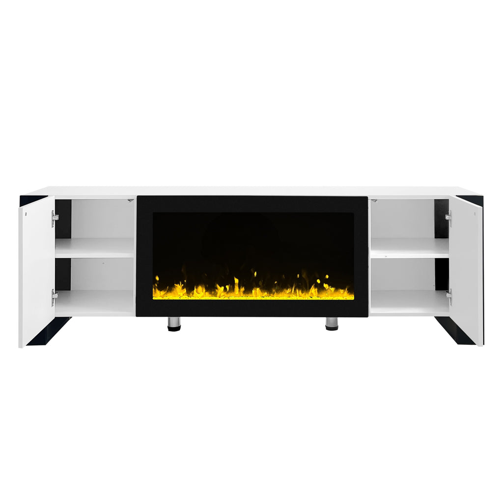 ON-TREND Modern TV Stand with 34.2' Non-heating Electric Fireplace, High Gloss Entertainment Center with 2 Cabinets, Media Console for TVs up to 78', White - Grand Goldman Shop