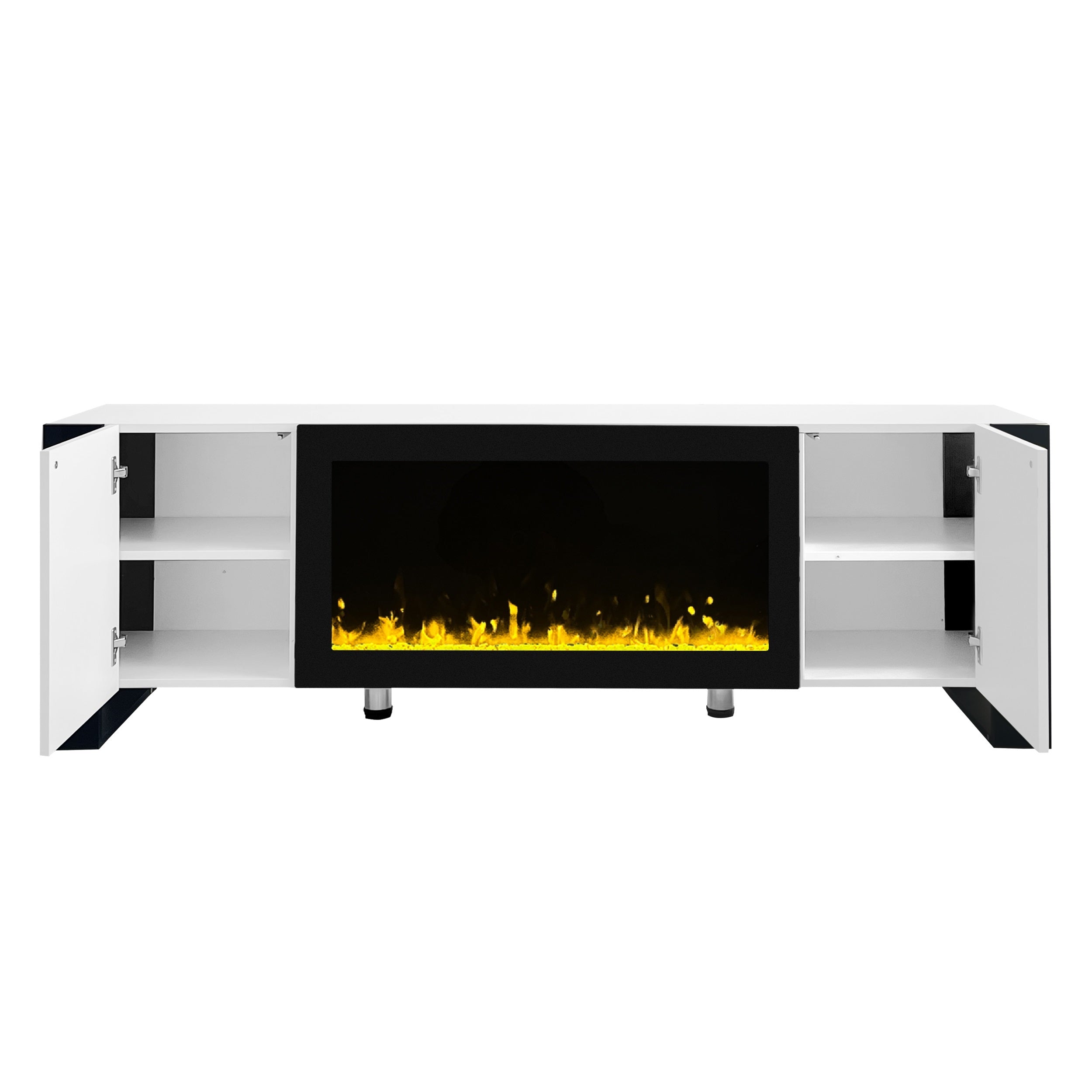 ON-TREND Modern TV Stand with 34.2' Non-heating Electric Fireplace, High Gloss Entertainment Center with 2 Cabinets, Media Console for TVs up to 78', White - Grand Goldman Shop