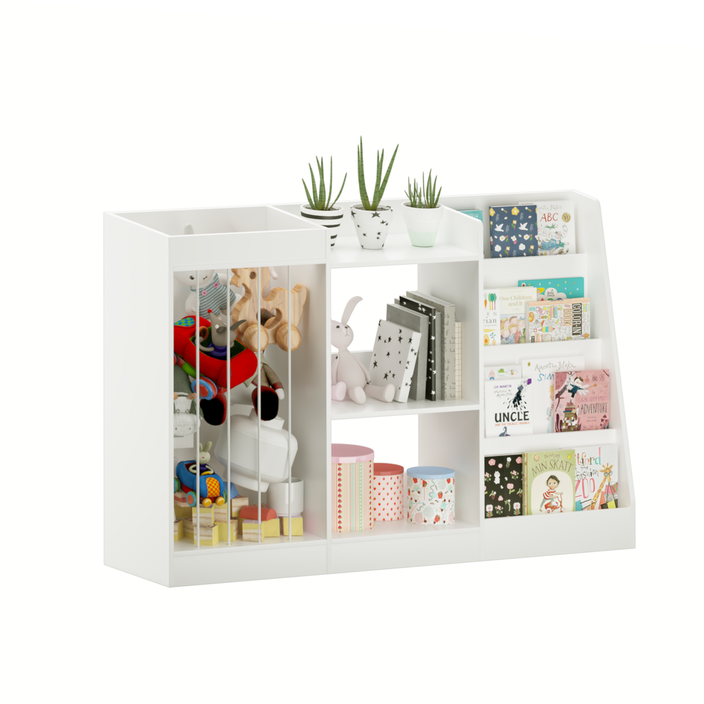 3-in-1 Kids Bookshelf and Toy Storage, 4-Tier Book Shelf for Kids Rooms, Sling Baby Bookcase with Stuffed Animal Storage, Tod