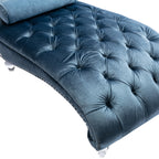 Velvet Chaise Lounge Chair with Pillow, Button-Tufted Upholstered, Light Blue, Solid Wood Frame, Acrylic Legs - Grand Goldman Shop