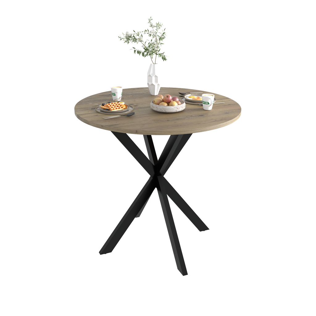Modern 31.5 Inch Round Dining Table in Rustic Brown with Black Metal Legs, MDF Top for 2-4 People, Compact Kitchen or Dining Room Table - Grand Goldman Shop
