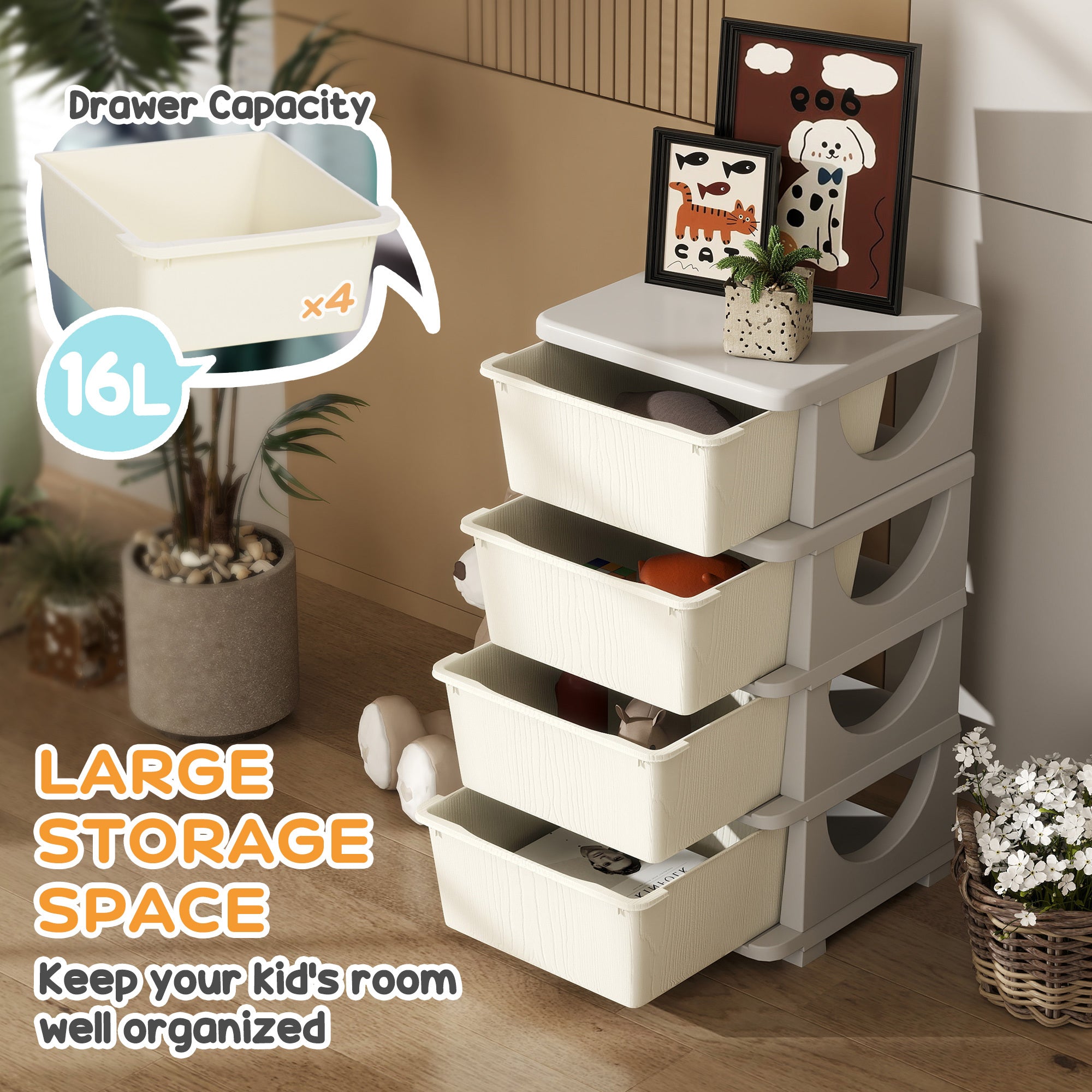 Qaba 4 Tier Kids Storage Unit, 4 Drawer Chest Toy Organizer Plastic Bins for Kids Bedroom Nursery Kindergarten Living Room fo