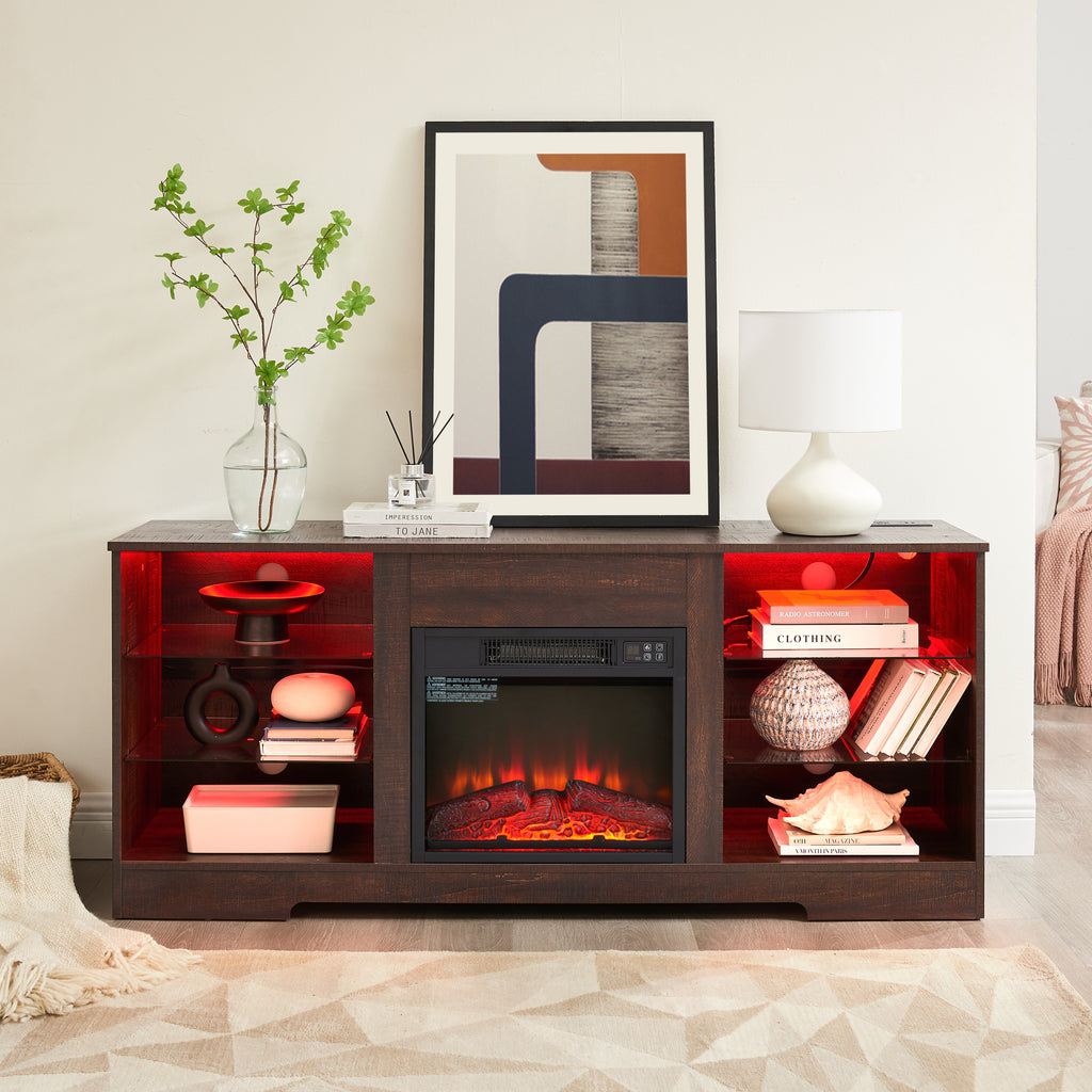 TV Stand Electric Fireplace TV Stand with Glass Shelves, 3D Fireplace TV Stand with LED Lights Wood with USB Charging Outlet Modern Television Table Center for TV up to 32-62' ESP 58''W*15.4''D*24.6 - Grand Goldman Shop