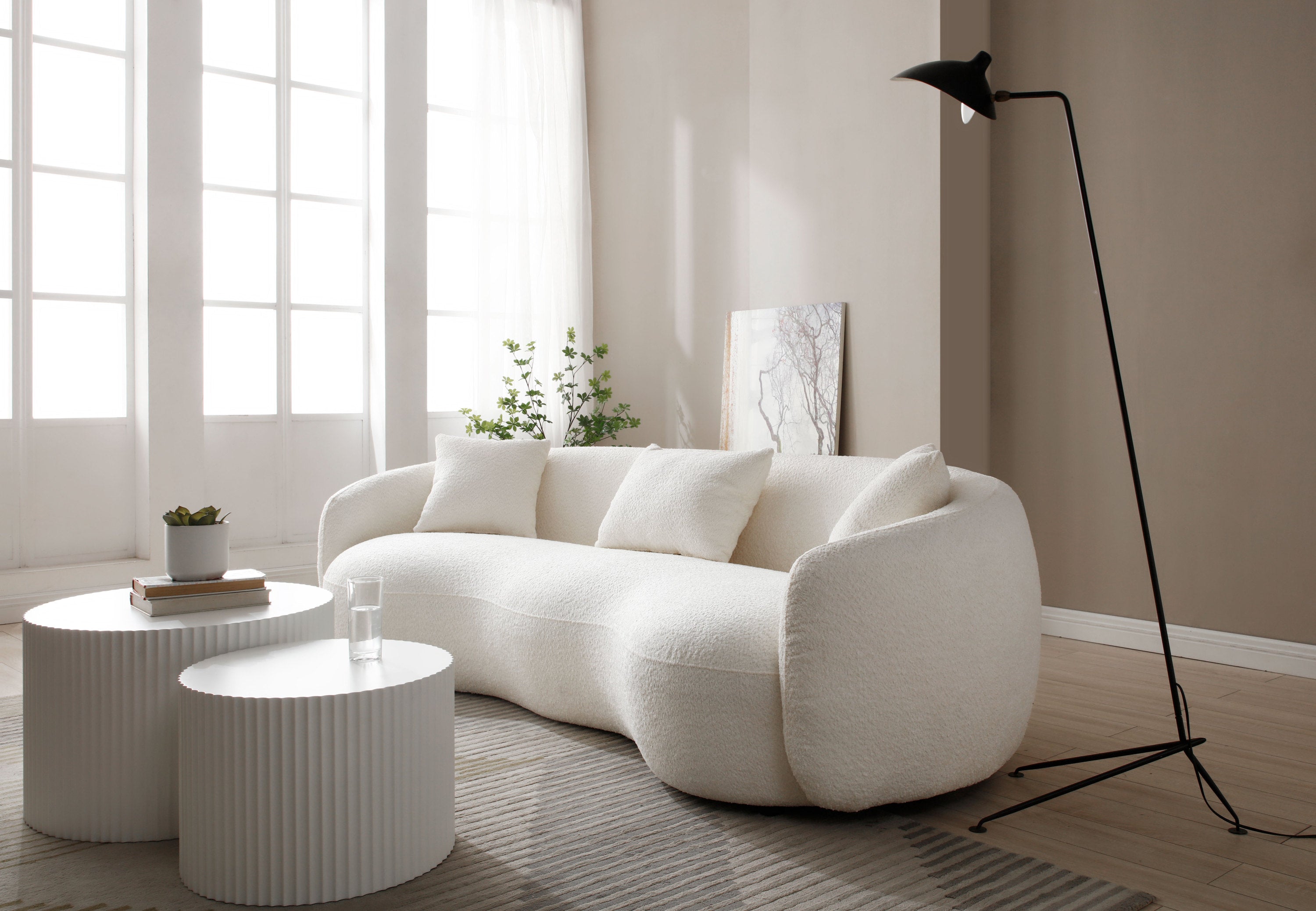 Mid Century Modern Curved Living Room Sofa, 4-Seat Boucle Fabric Couch for Bedroom, Office, Apartment, off white(beige and white) - Grand Goldman Shop
