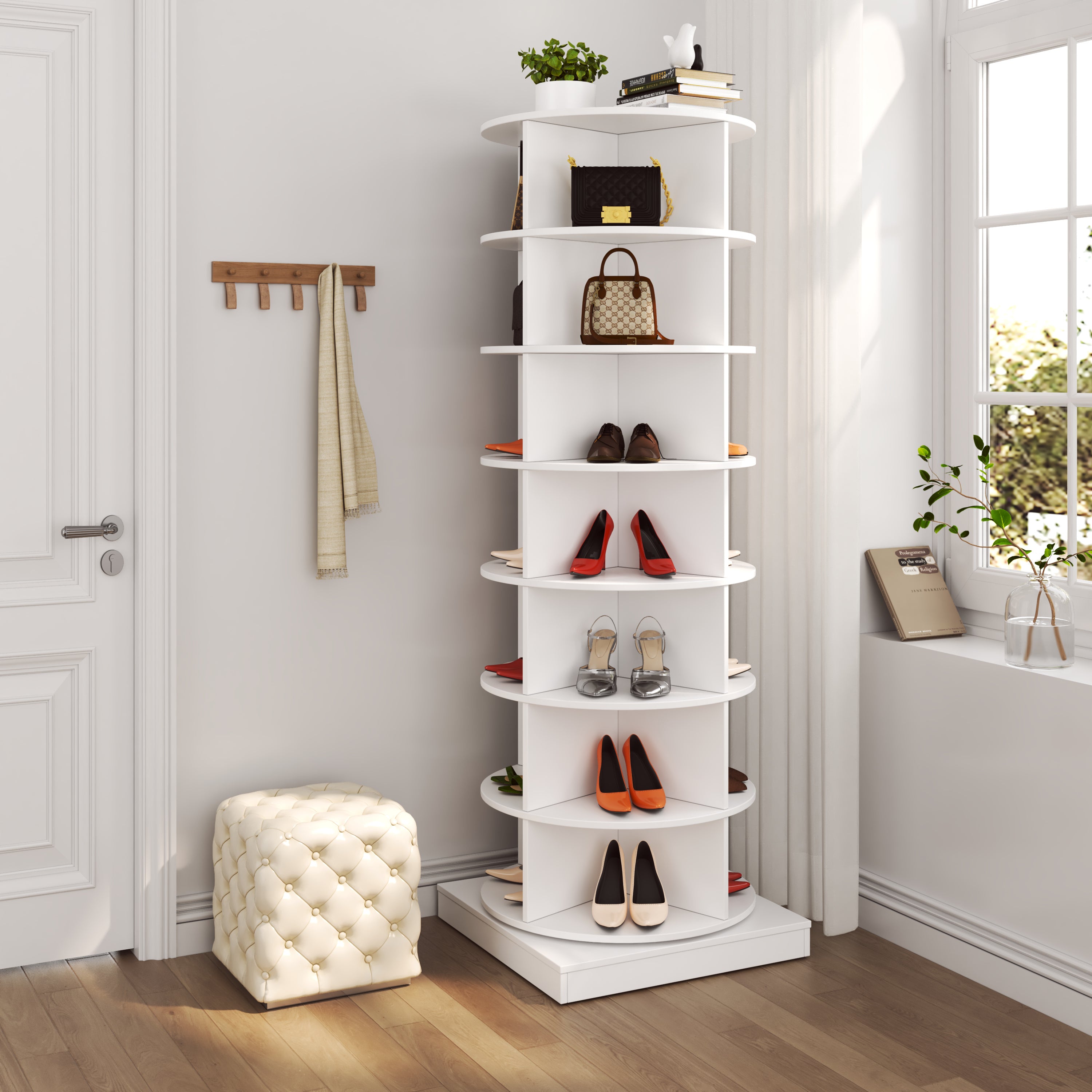 Modern 360 Rotating Shoe Cabinet 7 Layers Space Saver White Particle Board MDF - Grand Goldman Shop