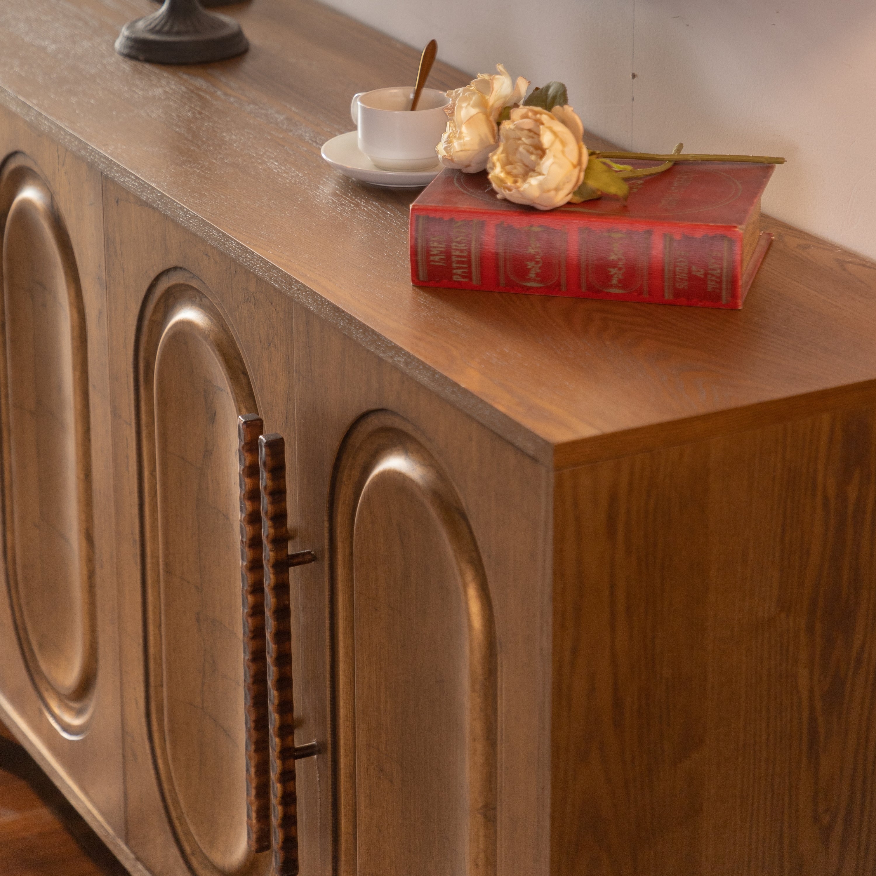 59.84' Gold-Toned 4-Door Sideboard Buffet Cabinet - Solid Wood & MDF Arched Door Storage Console Table for Dining Room/Living Room - Grand Goldman Shop