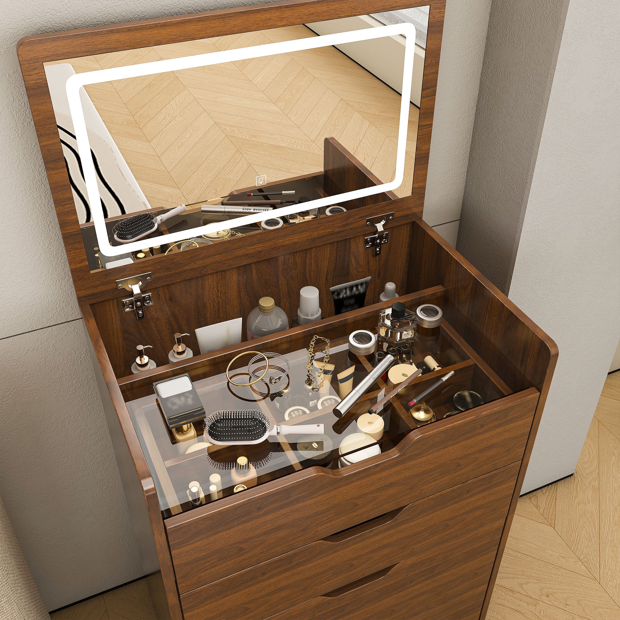 3-in-1 Vanity Desk with Lighted Mirror & Stool, Flip Top Makeup Dressing Table in Walnut Finish, Compact Storage for Bedroom, Bathroom, Dressing Room, 23.62'L - Grand Goldman Shop