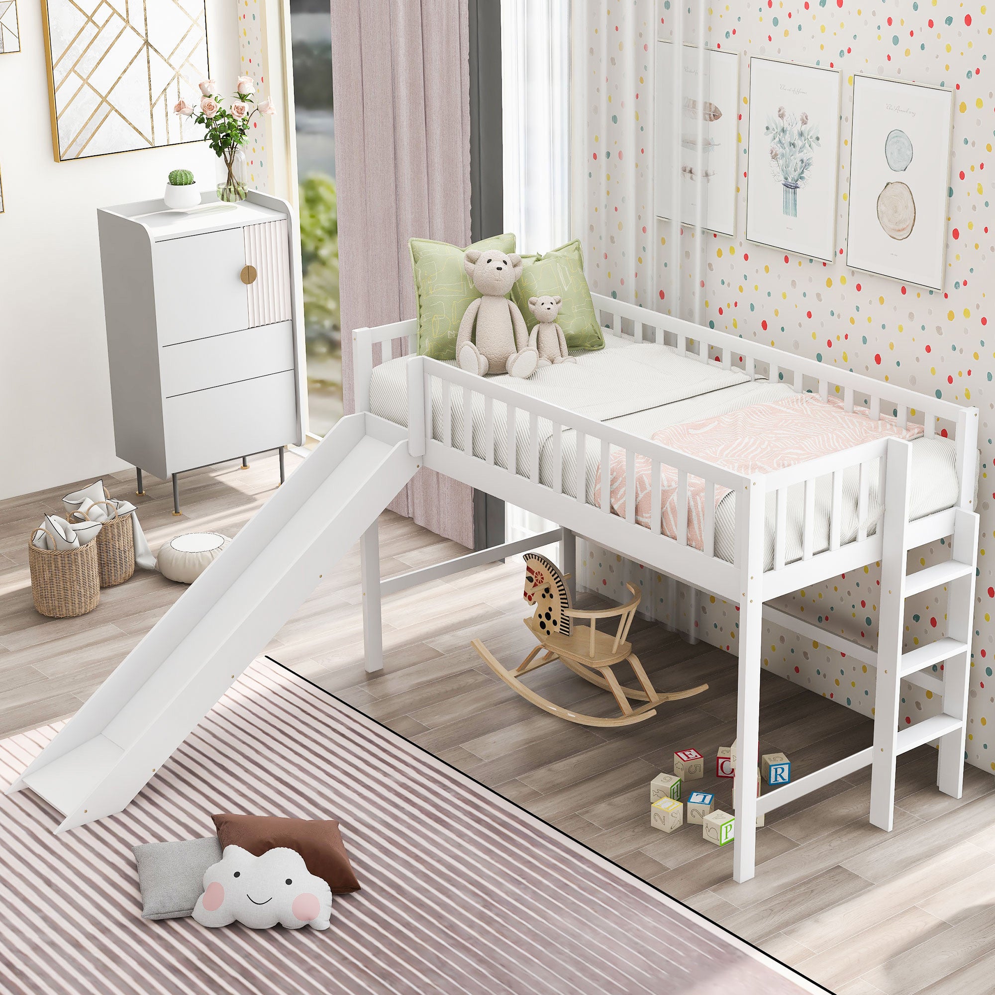 Twin Size Low Loft Bed with Ladder and Slide,White(OLD SKU:WF196418AAK) - Grand Goldman Shop