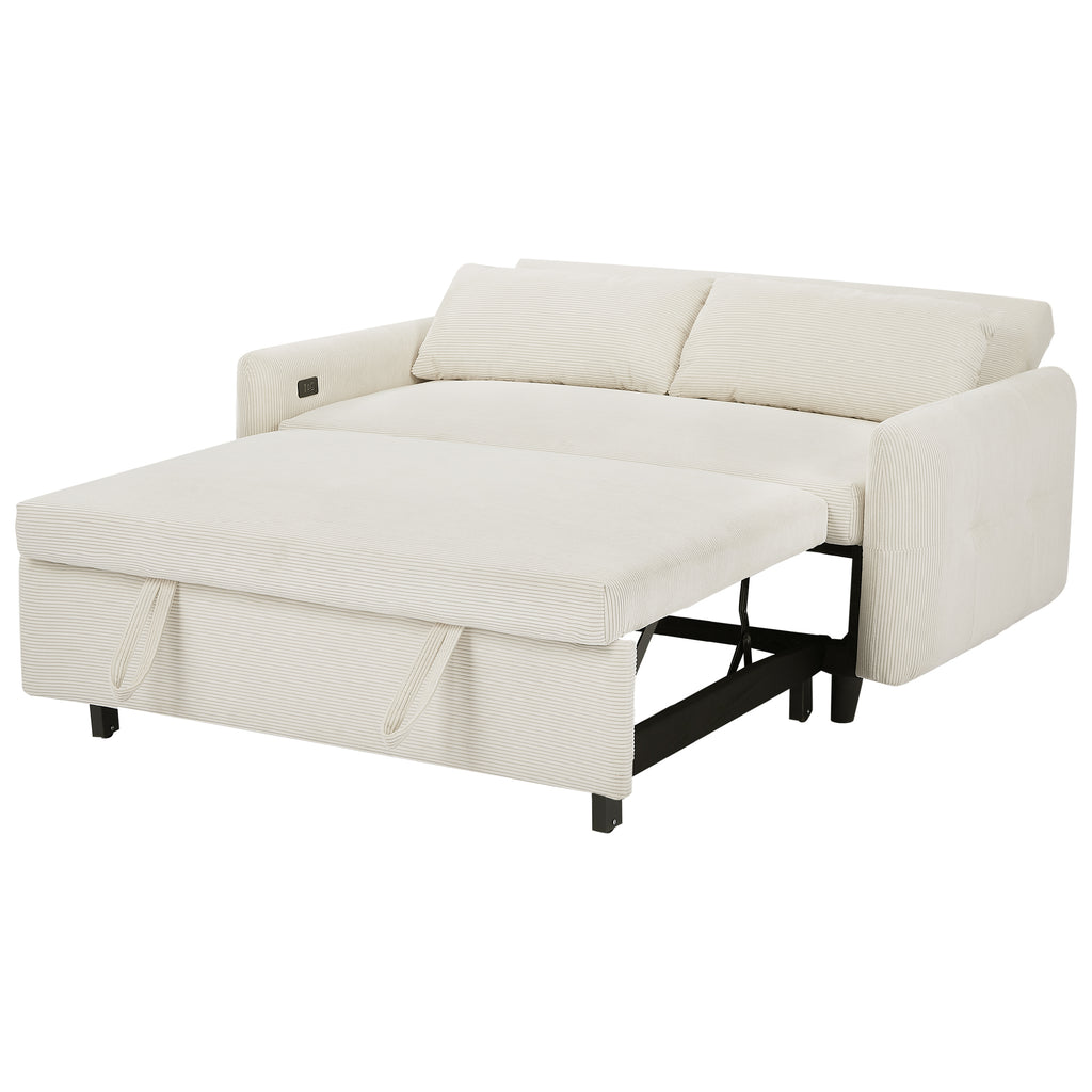 Modern Convertible Pull-out Sofa Bed with USB Ports and Pillows, Beige Corduroy, 57.48 inches - Grand Goldman Shop