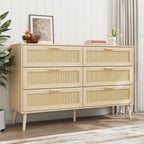 Rattan 6 Drawers Chest Of Dressers For Bedroom,  Modern 6 Drawer Dresser,  Wide Chest Of Drawers With Wood Handles,  Rattan Dresser Storage Cabinet For Living Room,  Bedroom,  Hallway - Grand Goldman Shop