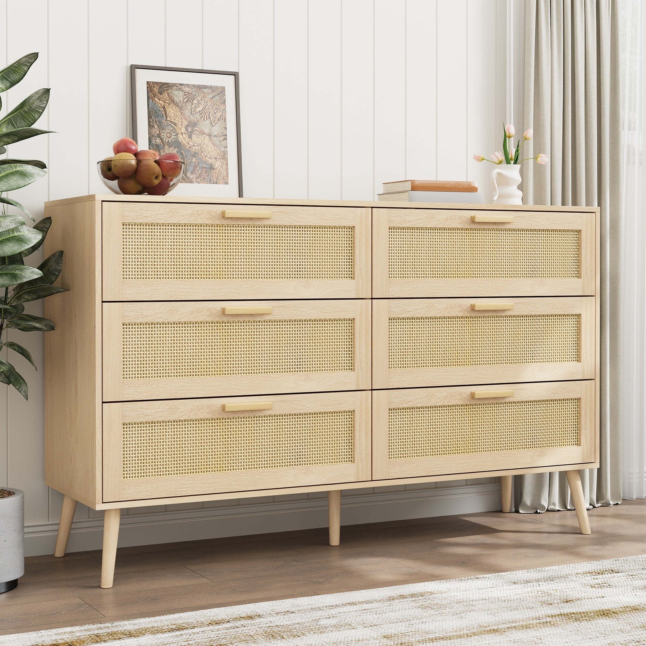 Rattan 6 Drawers Chest Of Dressers For Bedroom,  Modern 6 Drawer Dresser,  Wide Chest Of Drawers With Wood Handles,  Rattan Dresser Storage Cabinet For Living Room,  Bedroom,  Hallway - Grand Goldman Shop