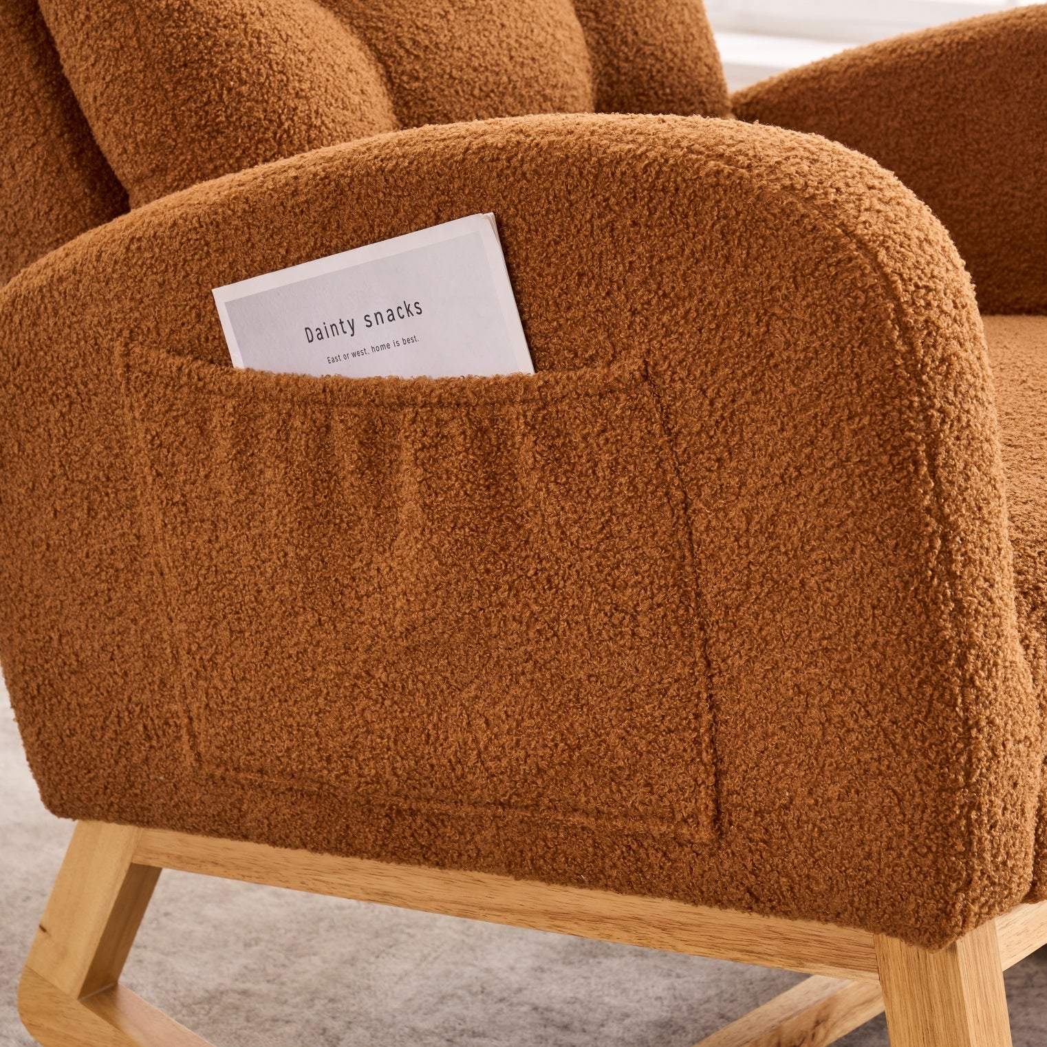 LY-5104 Caramel Accent Rocking  Chair with  Footrest High Back Rubber Wood Rocking Legs Bedroom Living Space   26.77D X 38.36W X 39.76H Inch - Grand Goldman Shop