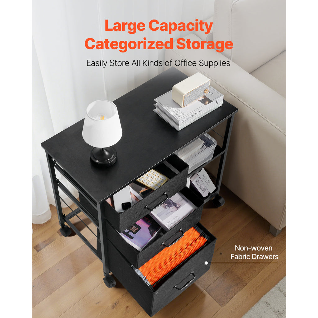 Mobile Metal File Cabinet with 3 Fabric Drawers and 2 Open Shelves Black - Grand Goldman