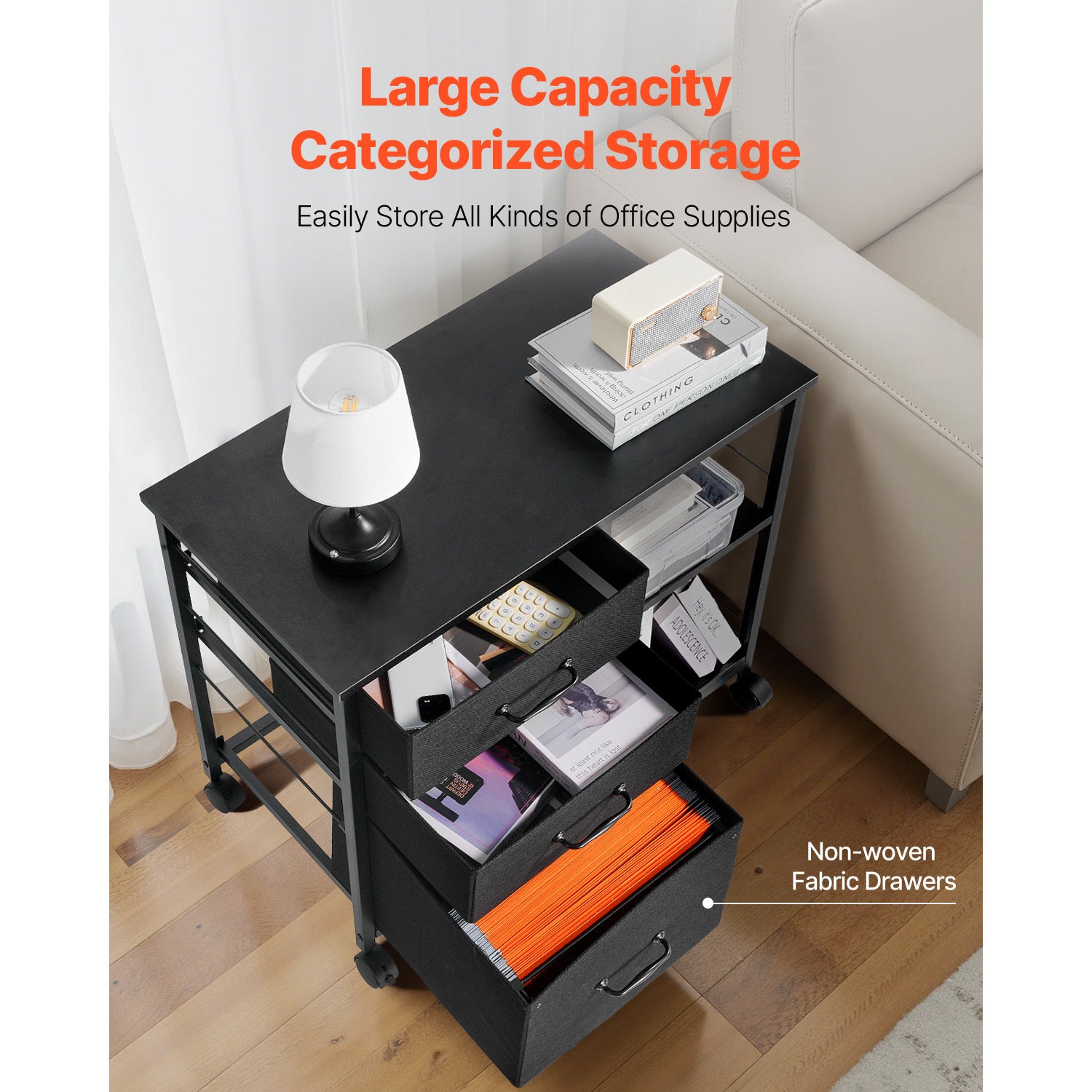 Mobile Metal File Cabinet with 3 Fabric Drawers and 2 Open Shelves Black - Grand Goldman