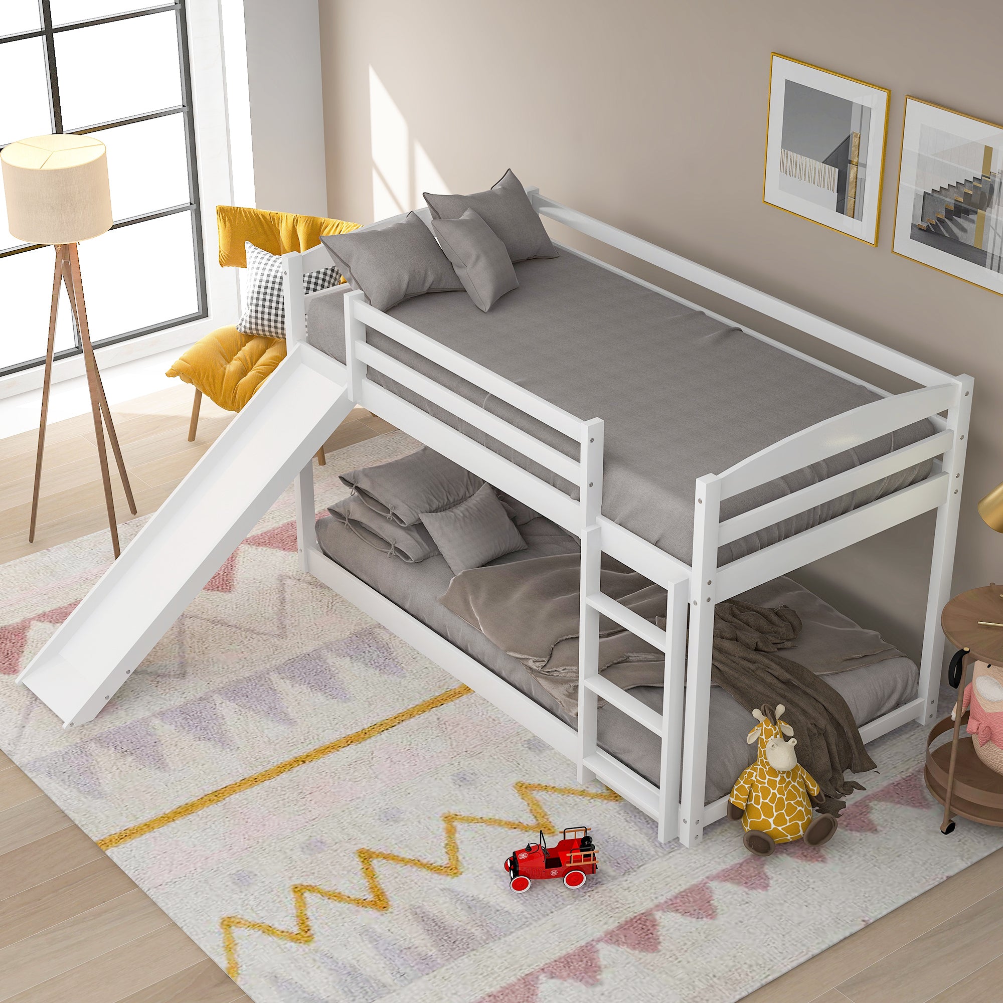 White Twin over Twin Bunk Bed with Convertible Slide and Ladder, Pine Wood and MDF, 79.3''L x 84.4''W x 46.5''H - Grand Goldman Shop