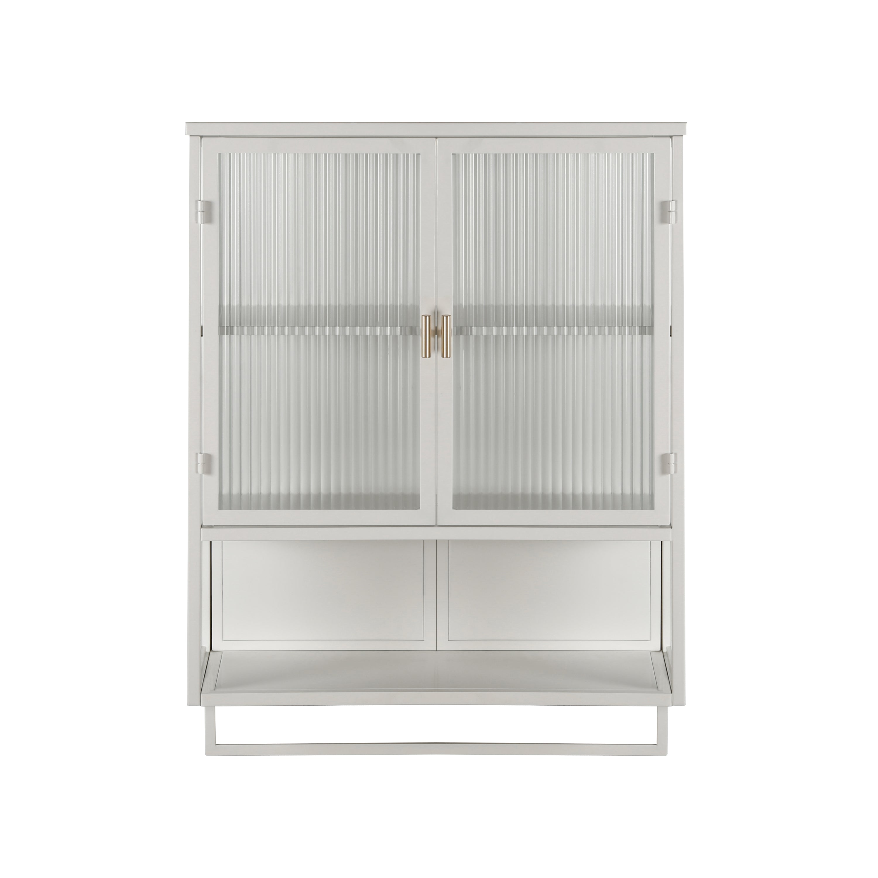 23.62'Glass Doors Modern Two-door Wall Cabinet with Featuring Two-tier Enclosed Storage, an Open Shelf, and Towel Rack, for Entryway Living Room Bathroom Dining Room - Grand Goldman Shop