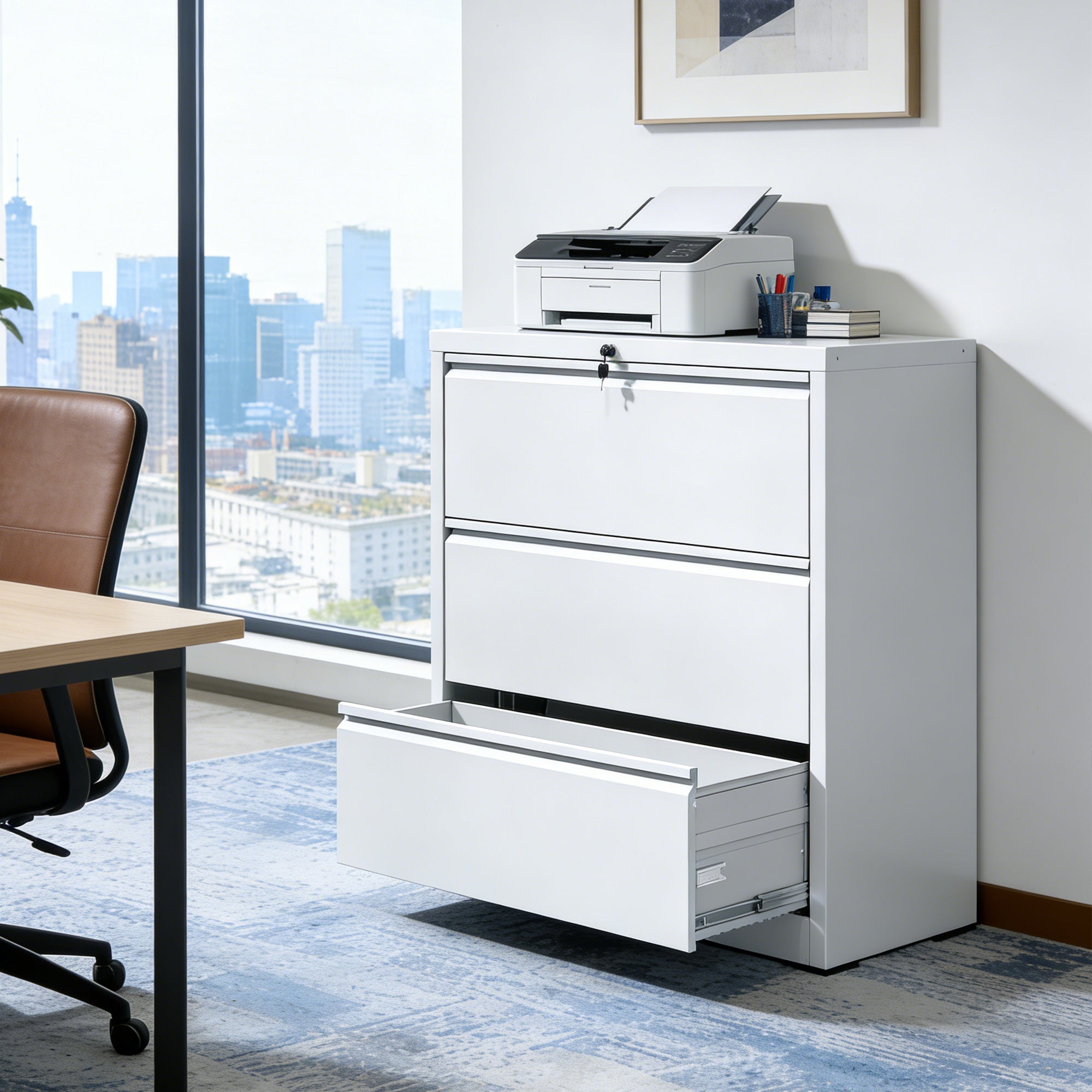 3 Drawer Lateral File Cabinet, 35.4 Inch Wide Metal Filing Cabinet, Locking Heavy Duty File Cabinet for Home Office, Anti-Tip