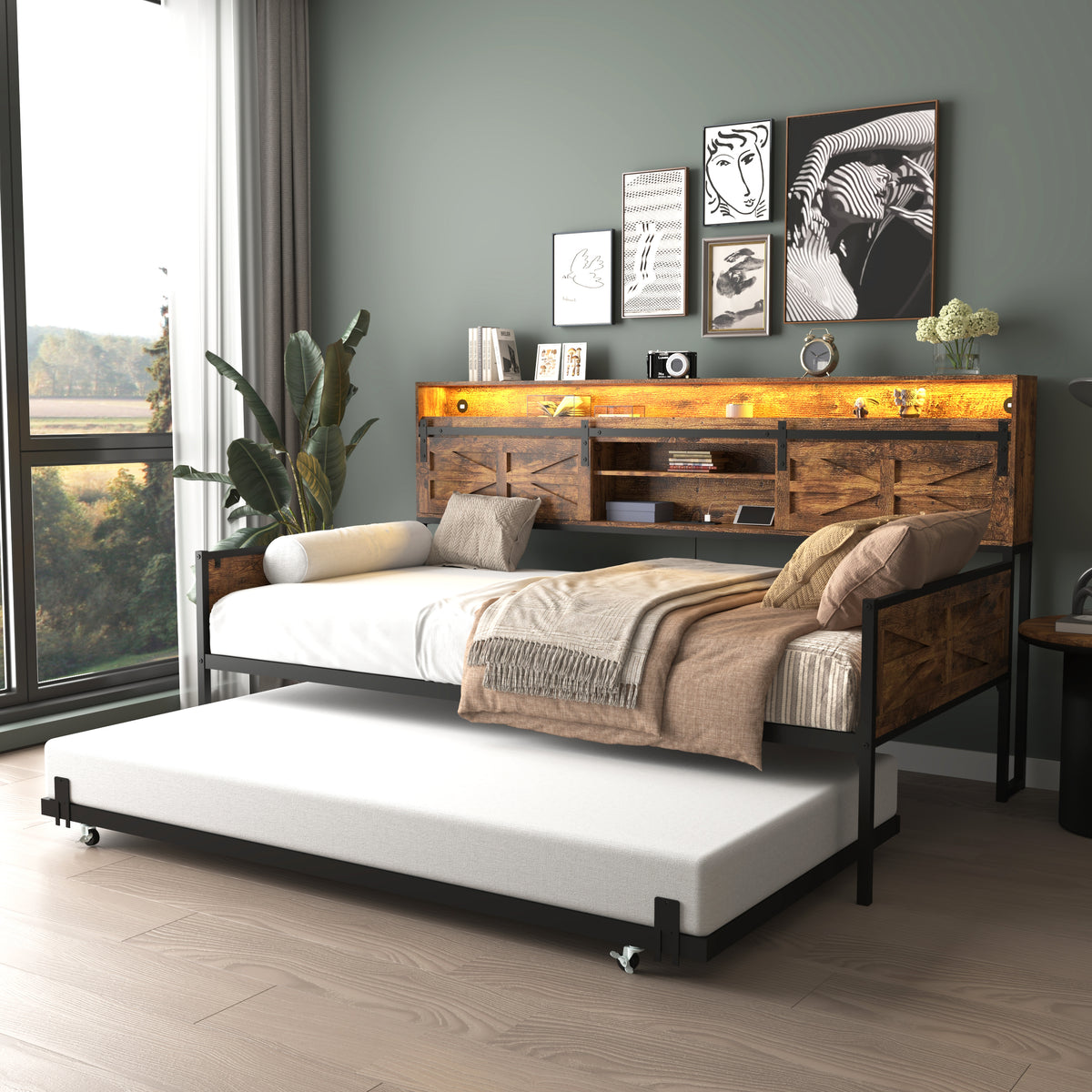 Twin Daybed with Trundle, Farmhouse Daybed Frame with Sliding Barn Door Headboard and Charging Station & LED Light for Bedroom and Guest Room, Rustic Brown - Grand Goldman Shop