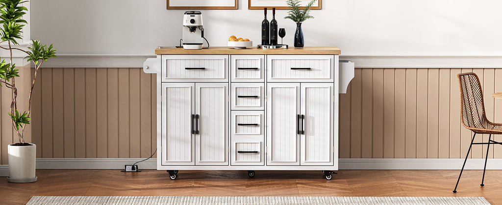 K&K 56.5'' Kitchen Island with Drop Leaf, Power Outlet, Embossed Vertical Stripe Rolling Kitchen Cart on Wheels with 4 Doors , 5 Deep Drawers and Adjustable Shelves, for Kitchen, Dining Room, White - Grand Goldman Shop