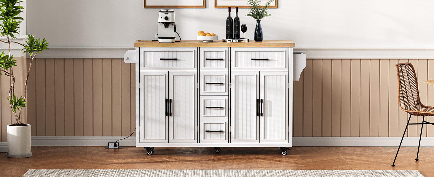 K&K 56.5'' Kitchen Island with Drop Leaf, Power Outlet, Embossed Vertical Stripe Rolling Kitchen Cart on Wheels with 4 Doors , 5 Deep Drawers and Adjustable Shelves, for Kitchen, Dining Room, White - Grand Goldman Shop