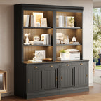 Stylish 83.4'Tall Bookshelf Suite with LED Lighting, Modern Bookcase Suite with Sliding Doors,Drawers and Open Shelves,Storag