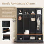 Farmhouse Hall Tree with 8 Hooks, Practical Entryway Bench with Open Compartments, 76.7'H Modern 3-in-1 Wooden Style Coat and Shoe Rack for Mudroom, Living Room, Black (OLD SKU: N721P292601B) - Grand Goldman Shop