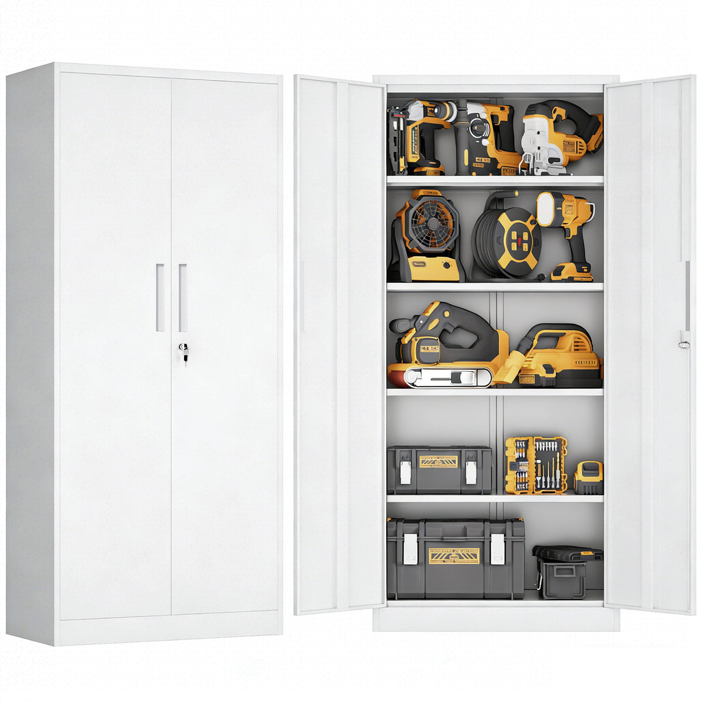 71'H Metal Garage Storage Cabinet, White Tool Steel Locking Cabinet with Doors and 4 Adjustable Shelves, Tall Cabinets for Ga