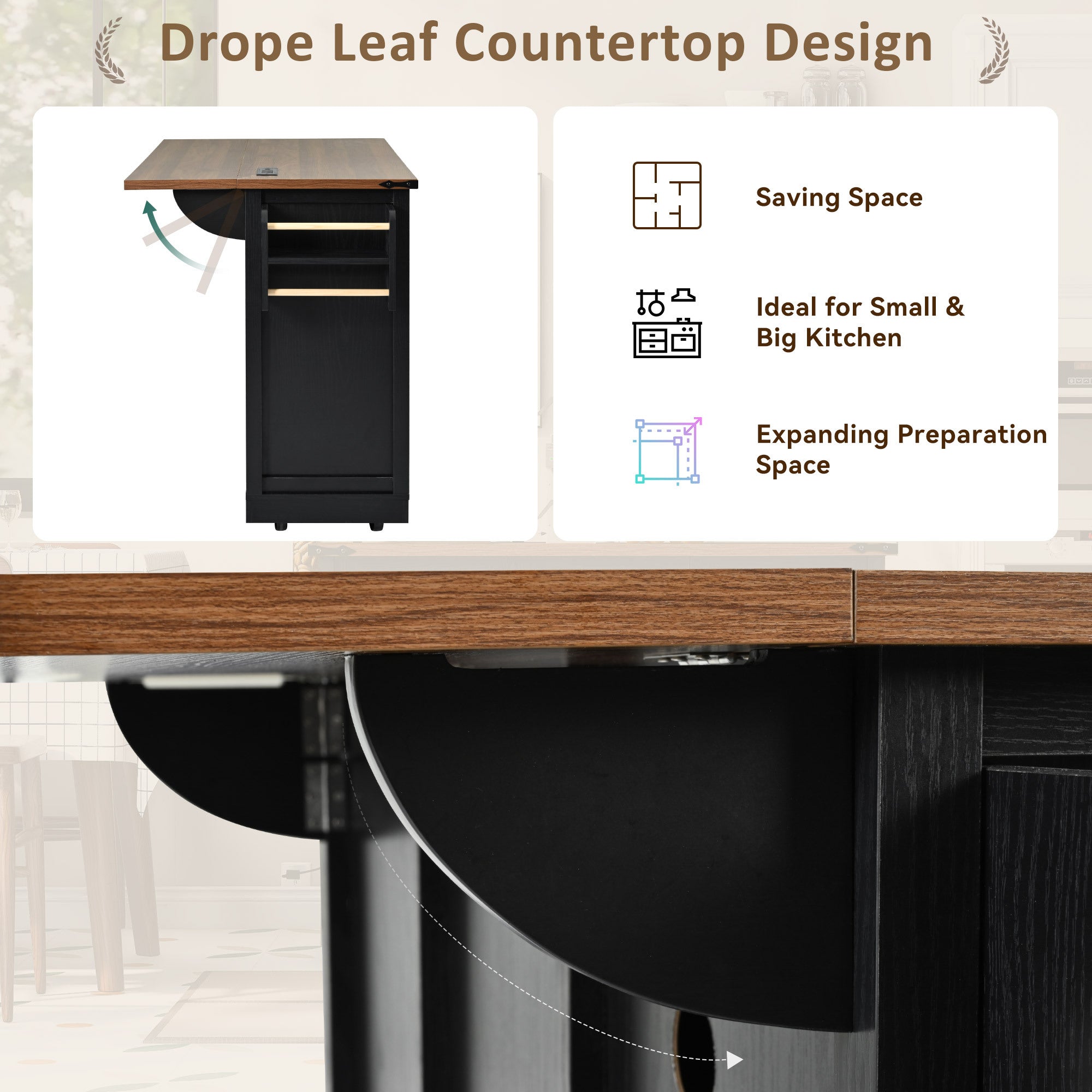 K&K 53.7' Farmhouse Kitchen Island with Power Outlet, 2 Sliding Barn Door Kitchen Storage Island with Drop Leaf, Spice Rack Rolling Kitchen Cart on Wheels, for Home, Kitchen and Dining Room, Black - Grand Goldman Shop