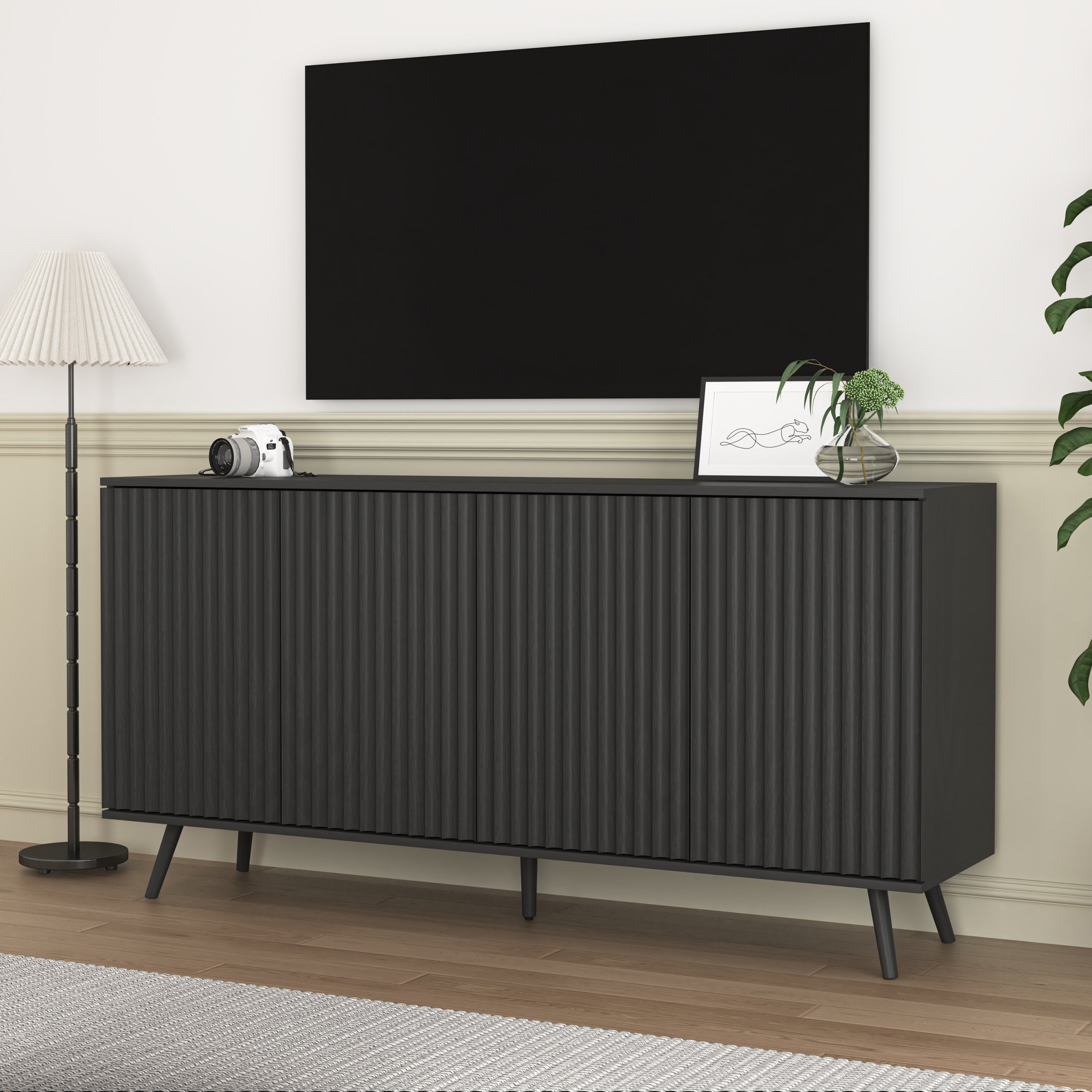 Sideboard Buffet Cabinet with Storage, Long Sideboard Storage Cabinet with 4 Doors, Wood Credenza Console Coffee Bar Cabinets with Adjustable Shelves for Living Room Kitchen Dining Room Black - Grand Goldman Shop
