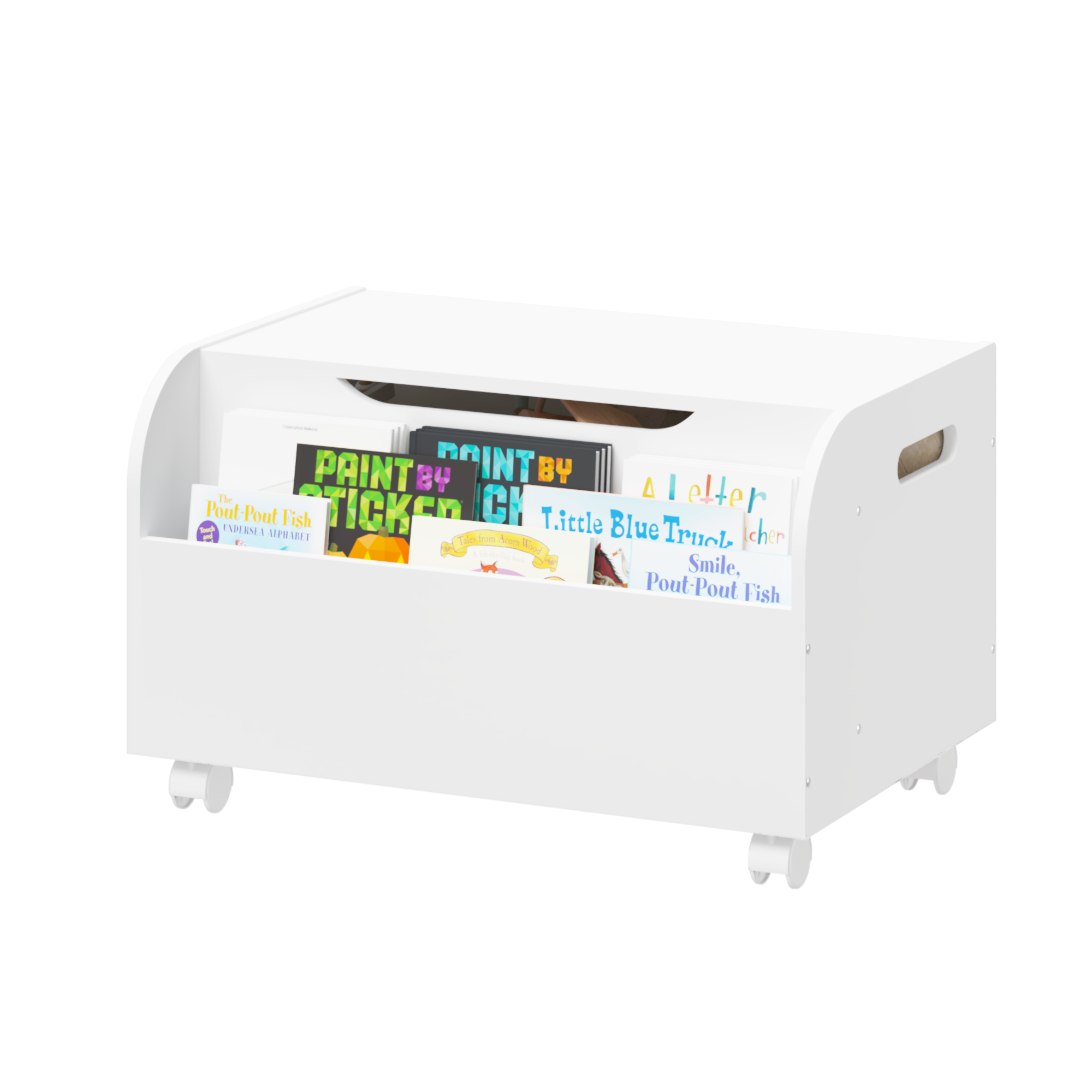 White Wooden Toy Box with 4 Universal Wheels, Kids Playroom Storage Organizer with Front Bookshelf, Flip-Top Lid, Safety Hing