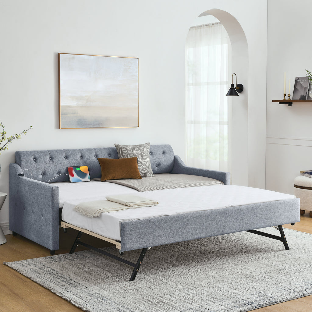 Linen Grey Mid-Century Style Twin Size Upholstered Daybed with Trundle and USB Charging Armrest - Grand Goldman Shop