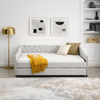 Beige Upholstered Tufted Daybed with Twin Trundle, Button-Back and Copper Nail-Waved Arms, Eucalyptus Wood Frame, 80.5''x55.5''x27.5'' - Grand Goldman Shop