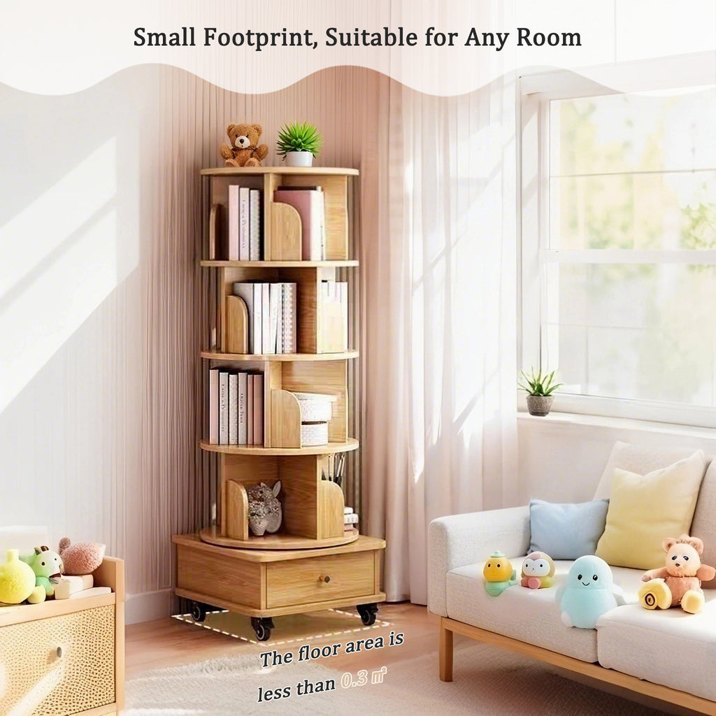 5 Tier Rotating Bookshelf, 360° Display Round Spinning Bookshelf with Wheels, Space-Saving, Small Space Rotating Bookshelf Tower for Bedroom, Living Room, Home, Office, Wood Color - Grand Goldman Shop
