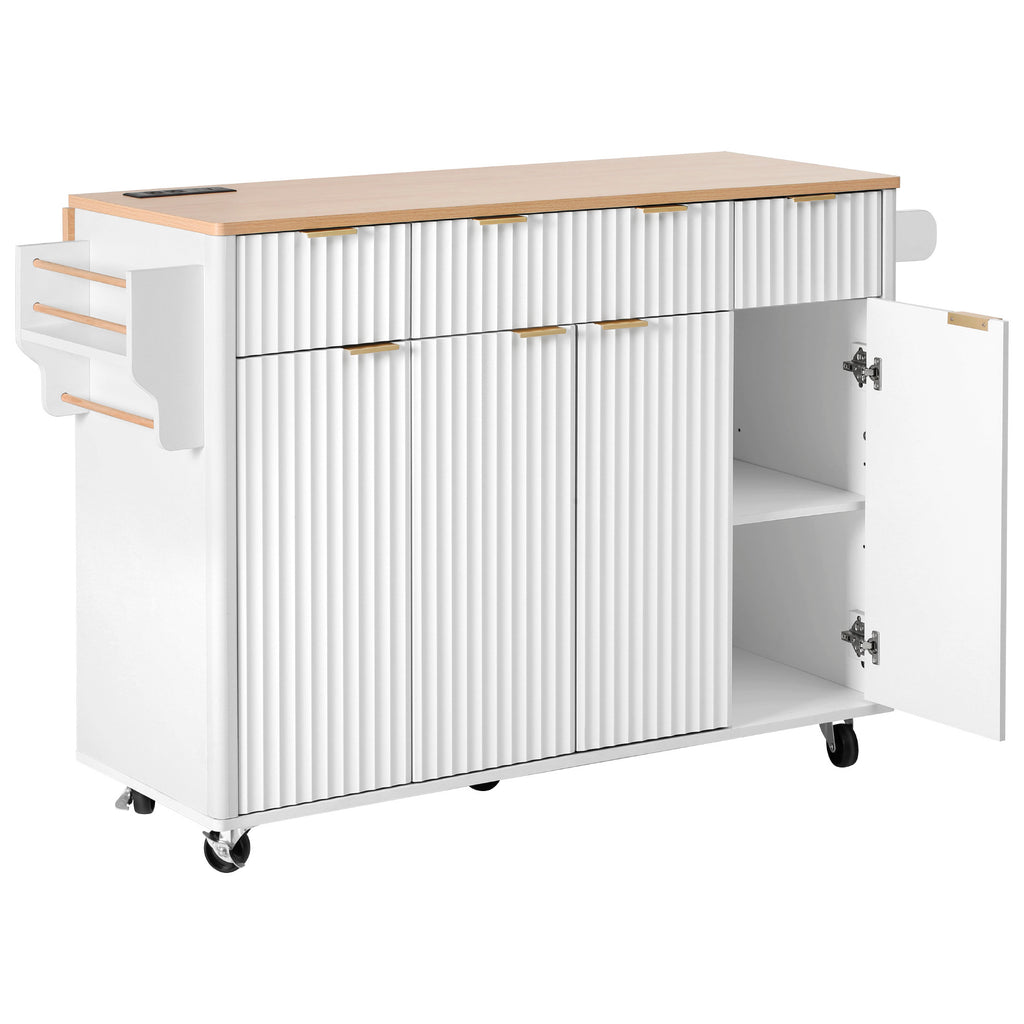 K&K Fluted Kitchen Island with Storage, 55.5' Kitchen Island with Drop Leaf, Power Outlet, 4 Doors and 3 Drawers, Rolling Island Table with Wood-grain Top, Curved Edge for Kitchen,Dining Room White - Grand Goldman Shop