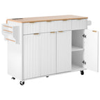 K&K Fluted Kitchen Island with Storage, 55.5' Kitchen Island with Drop Leaf, Power Outlet, 4 Doors and 3 Drawers, Rolling Island Table with Wood-grain Top, Curved Edge for Kitchen,Dining Room White - Grand Goldman Shop