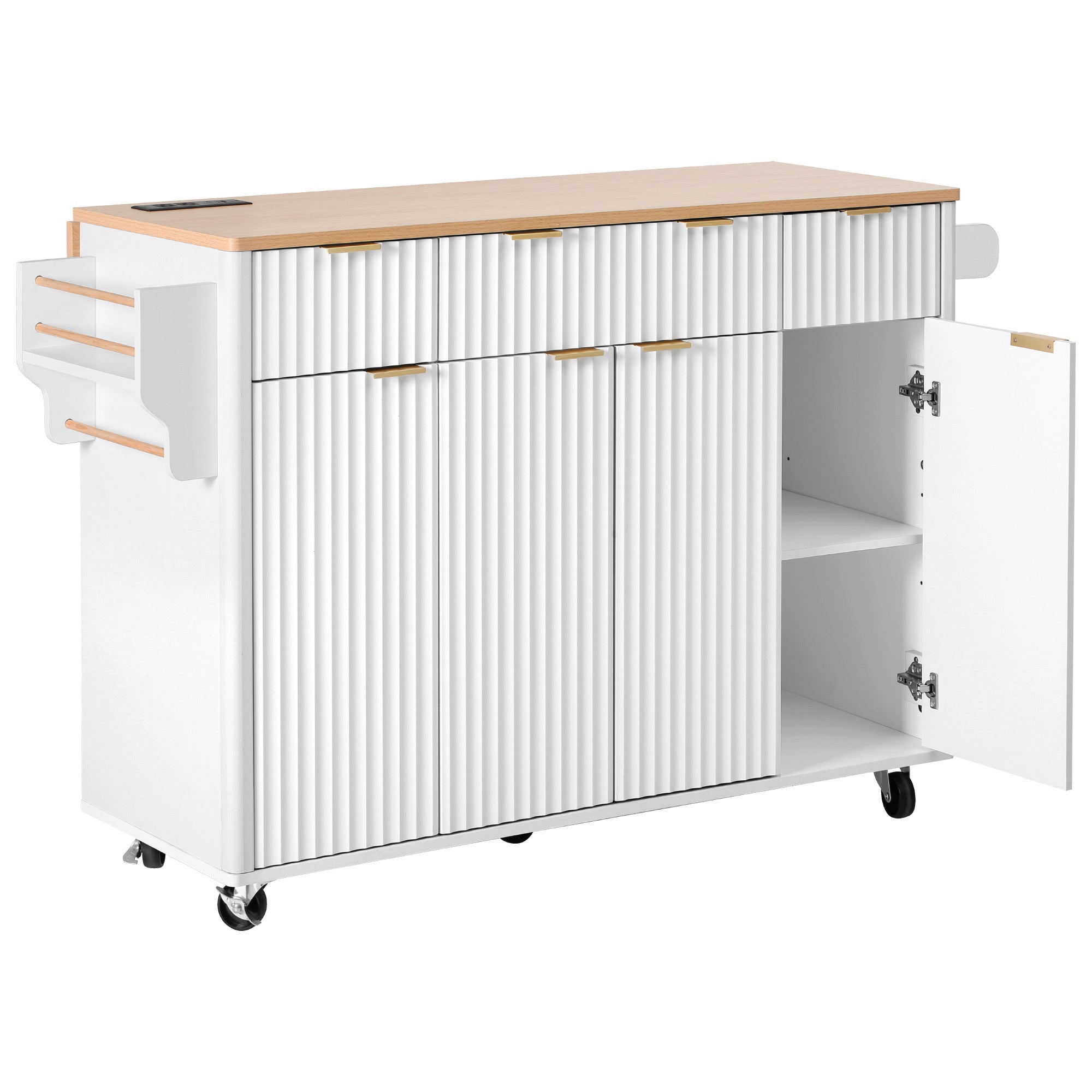 K&K Fluted Kitchen Island with Storage, 55.5' Kitchen Island with Drop Leaf, Power Outlet, 4 Doors and 3 Drawers, Rolling Island Table with Wood-grain Top, Curved Edge for Kitchen,Dining Room White - Grand Goldman Shop