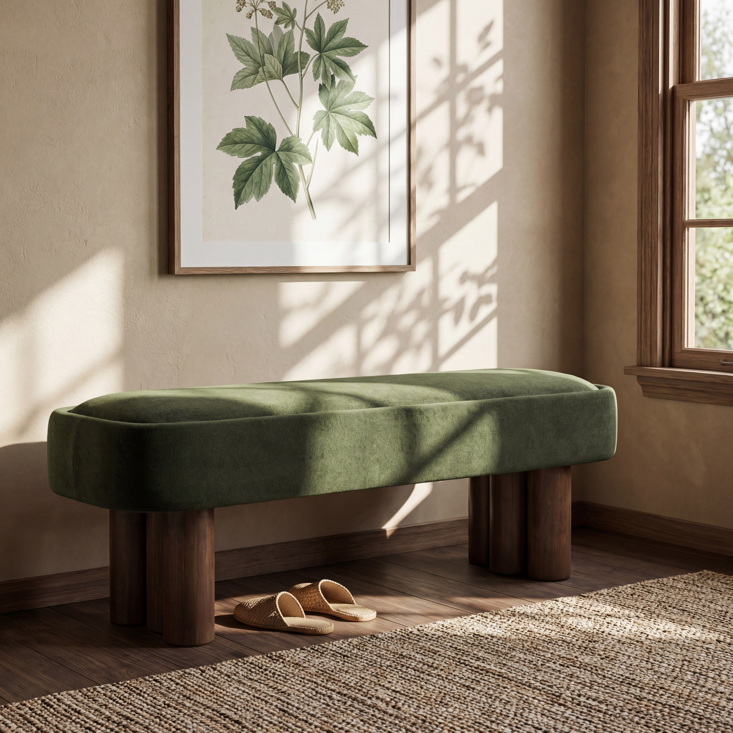 Indoor Green Fabric Dining Bench with Walnut Color Legs, 60.04'L Upholstered Seating for Kitchen, Dining Room and Living Space,250lbs Capacity - Grand Goldman Shop