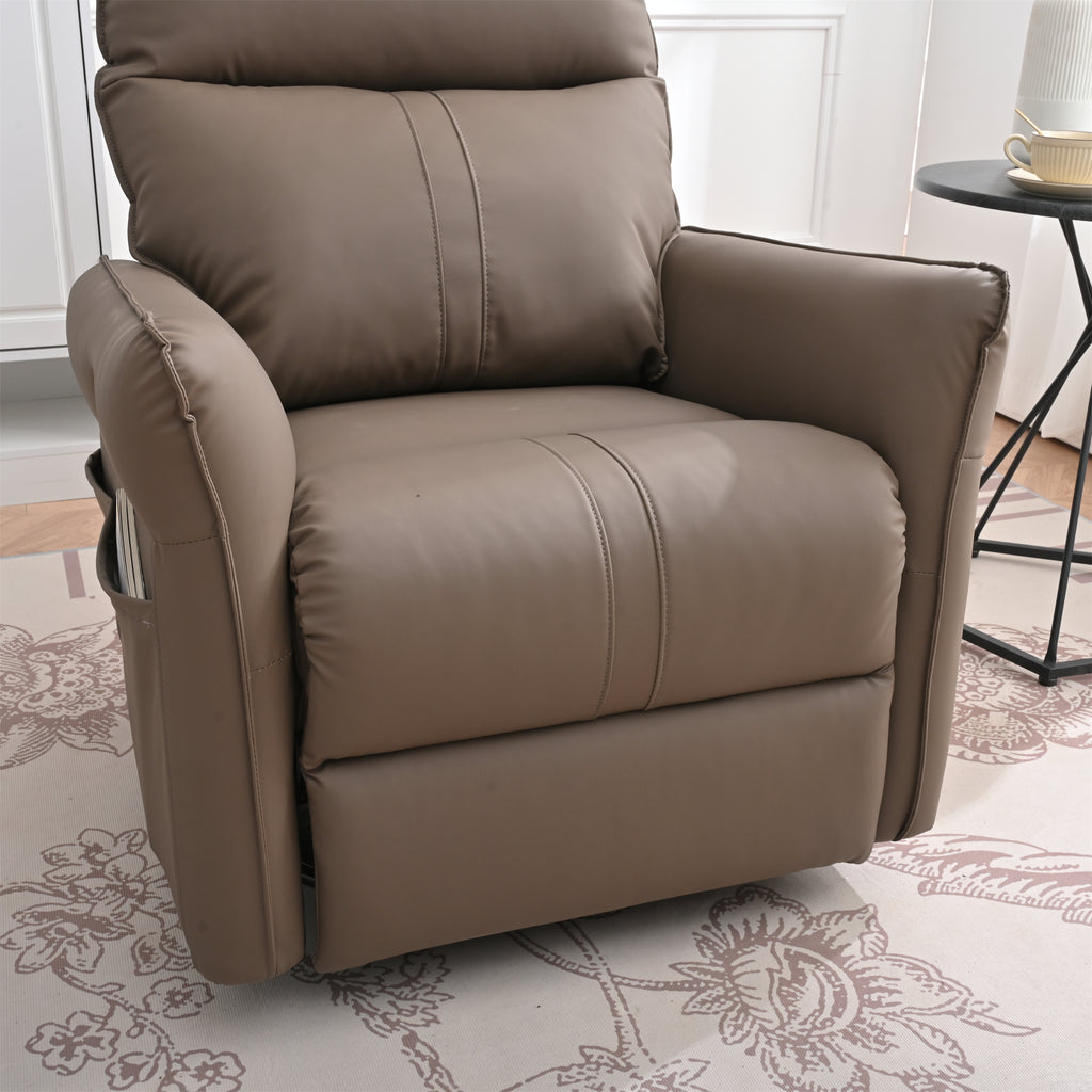 PU Rocking Recliner Chair, 360° Swivel Nursery Rocking Chair, Glider Chair, Modern Small Rocking Swivel Recliner Chair, Home Theater Seating, Side Pocket (Brown+360° Swivel) - Grand Goldman Shop