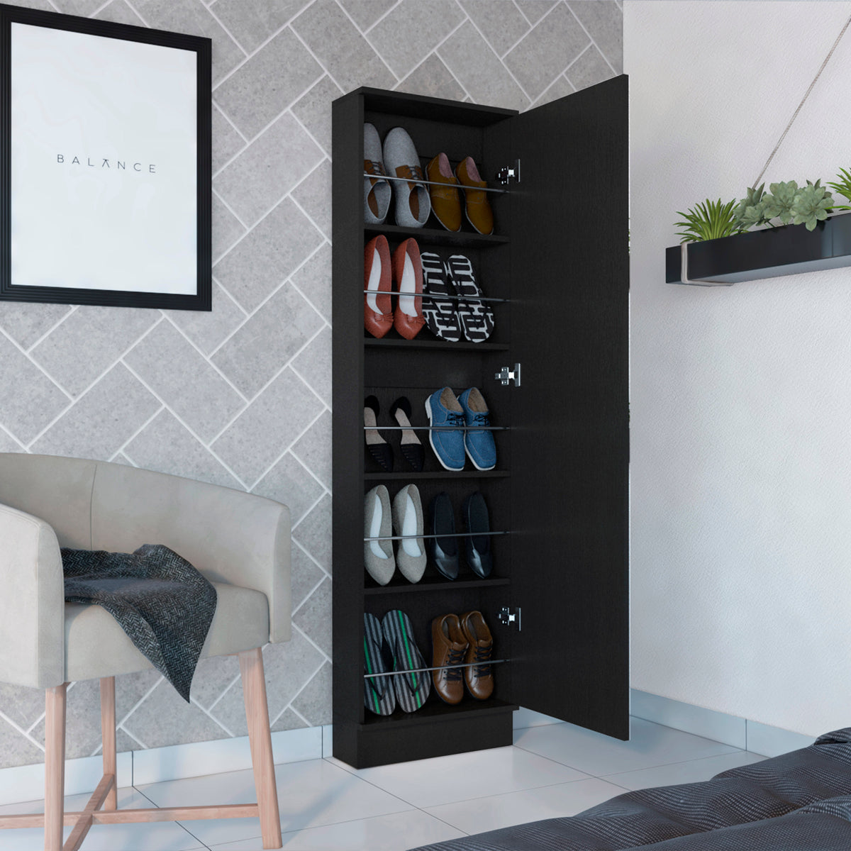 Shoe Rack Chimg, Mirror, Five Interior Shelves, Single Door Cabinet, Black Wengue Finish - Grand Goldman Shop