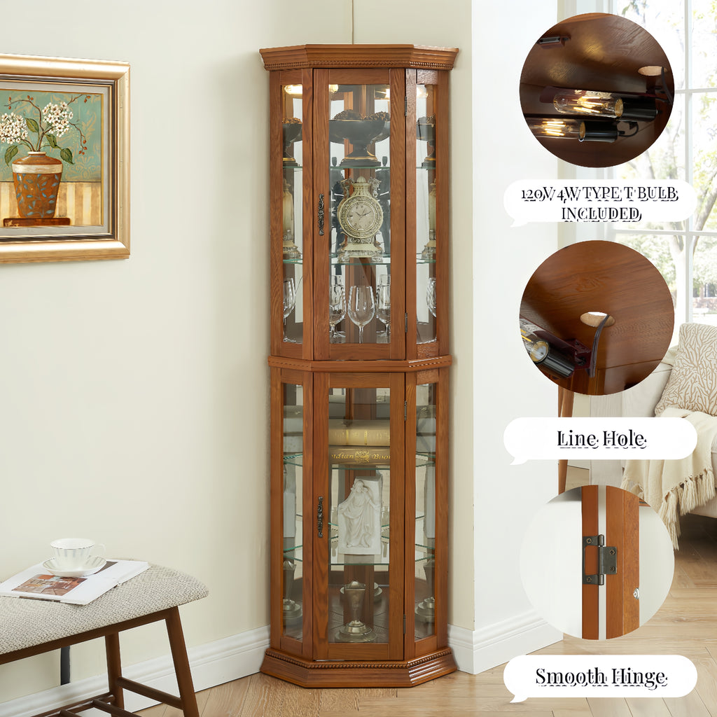 Corner Curio Cabinet Lighted Corner Display, Glass Display Shelf Shelving Bar cabinet with Tempered Glass Door, Bar Cabinet,Cabinet with Adjustable Shelf Glass Cabinet Shelves Bead Bulb Included OAK - Grand Goldman Shop