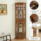 Corner Curio Cabinet Lighted Corner Display, Glass Display Shelf Shelving Bar cabinet with Tempered Glass Door, Bar Cabinet,Cabinet with Adjustable Shelf Glass Cabinet Shelves Bead Bulb Included OAK - Grand Goldman Shop