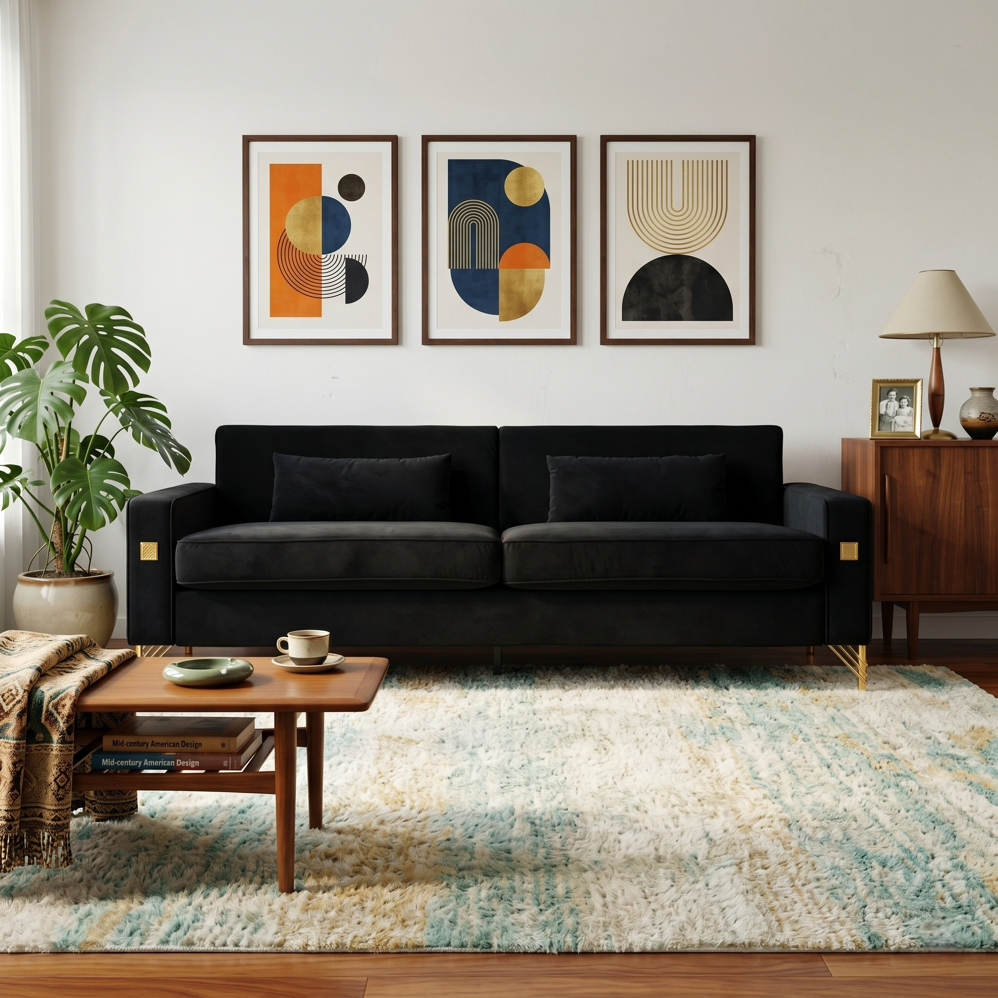 FX-P18-BK(sofa)Luxury Velvet Sofa with Gold Accents - Modern 3-Seat Couch with Plush Cushions, Perfect for Living Room and Office Decor - Grand Goldman Shop