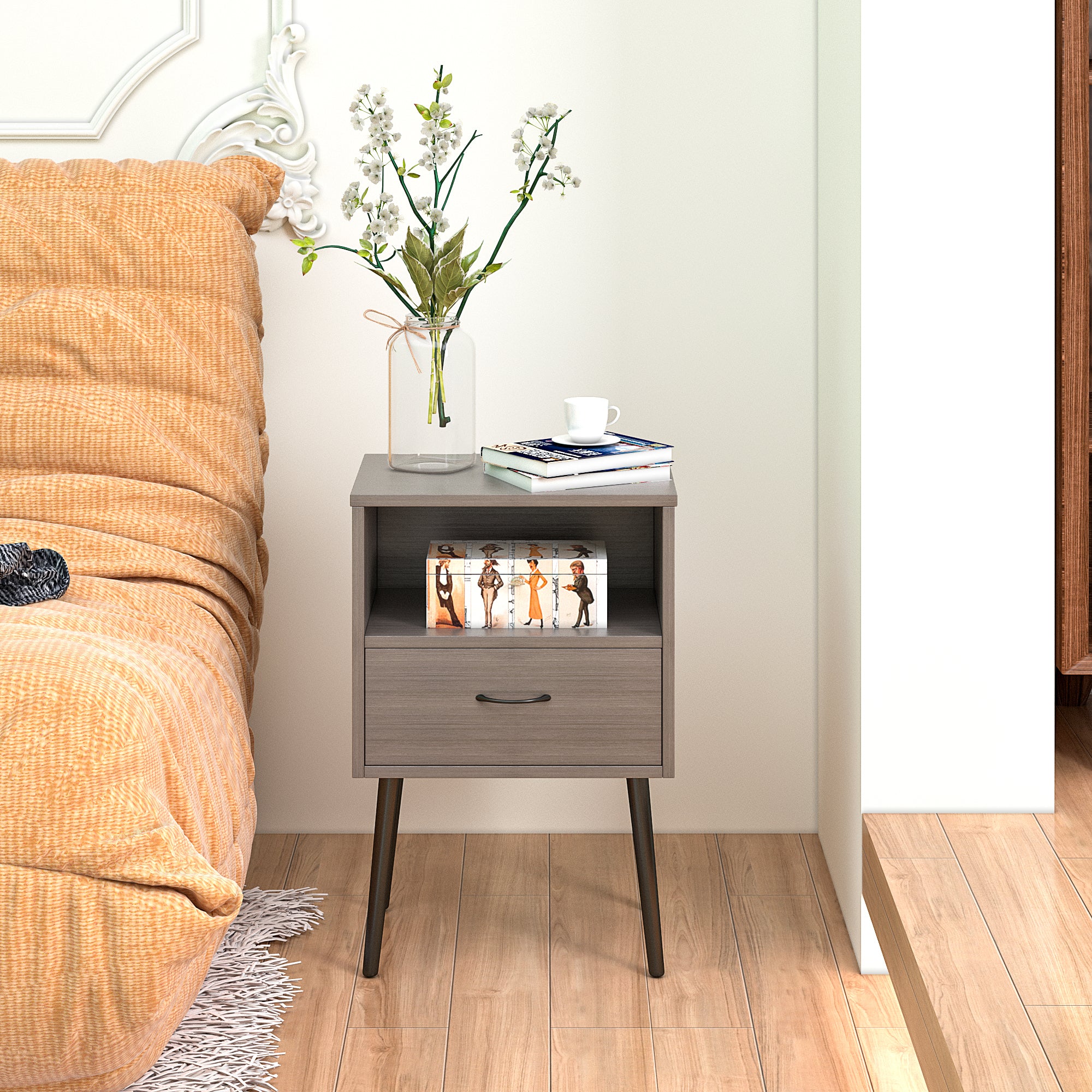 Two sets of Nightstand,modern style bedside table, With storage drawers and open wooden shelves, Suitable for living rooms, Bedrooms and small spaces. Decorative bedside tables in two sets, Easy to as - Grand Goldman Shop