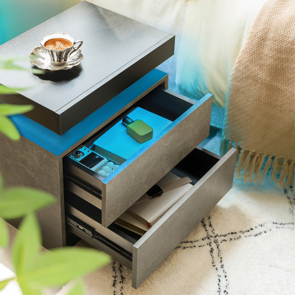 Nightstand LED Bedside Table Cabinet Lights Modern End Side with 2 Drawers for Bedroom (Black+Gray) - Grand Goldman Shop