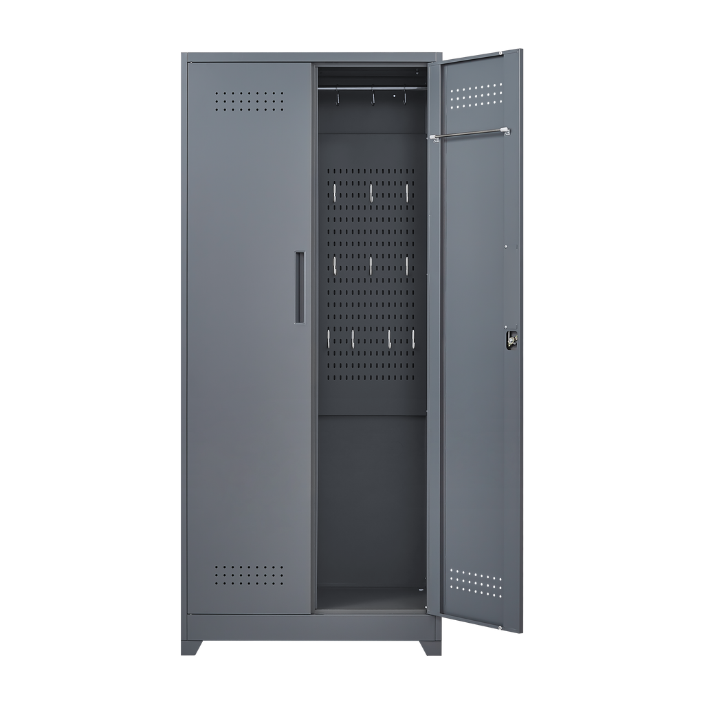 Gray And White Color Metal Lockers, Cleaning Tool Cabinets With Locking Doors, High Broom Tool Storage Cabinets, Adjustable S