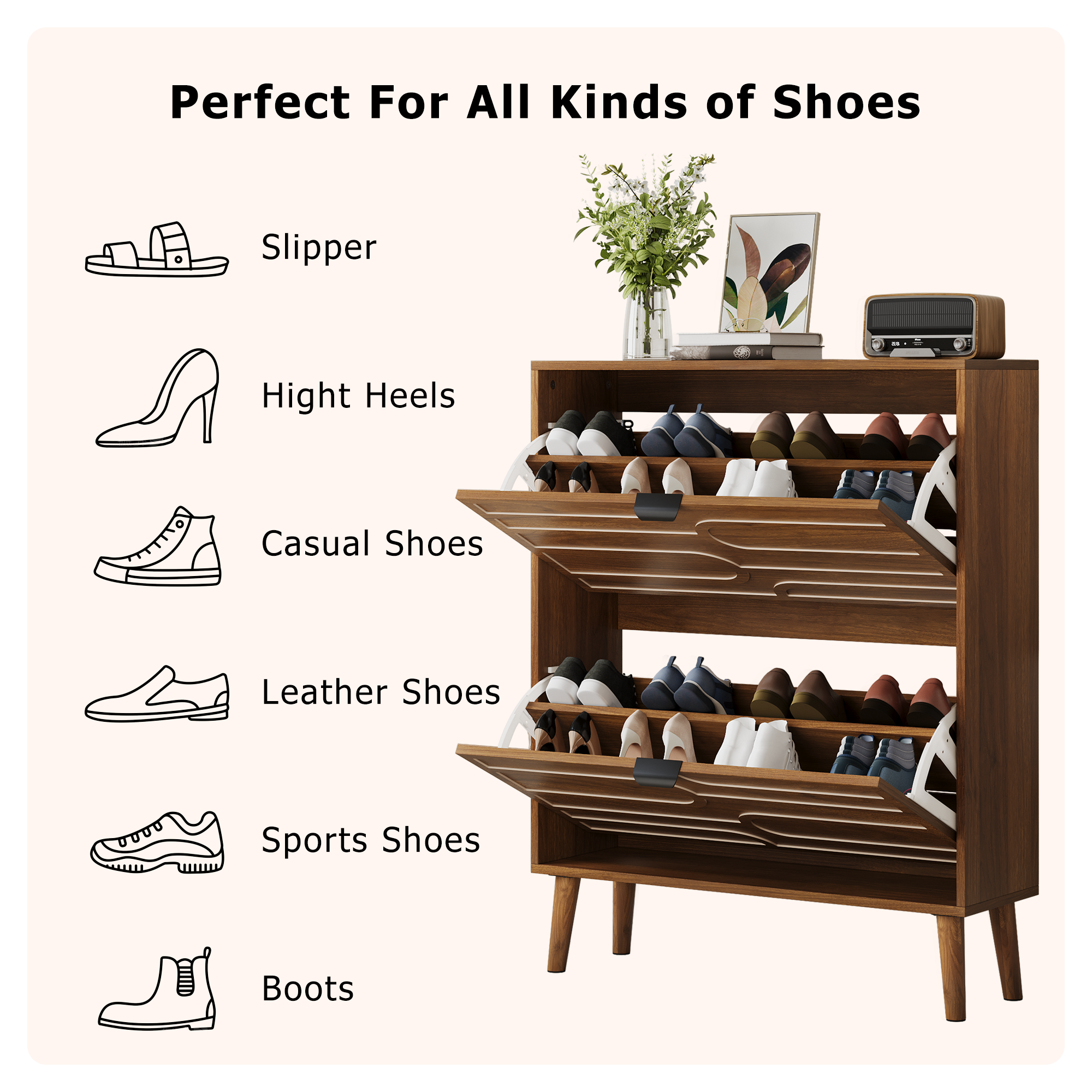 Medieval Modern Independent Shoe Cabinet with 2 Flip Drawers, Walnut MDF, 31.5-inch - Grand Goldman Shop