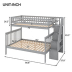 Twin Over Full Stairway Bunk Bed with Storage in Gray, Solid Pine Wood and MDF, 90.8''L x 57.8''W x 65.3''H - Grand Goldman Shop