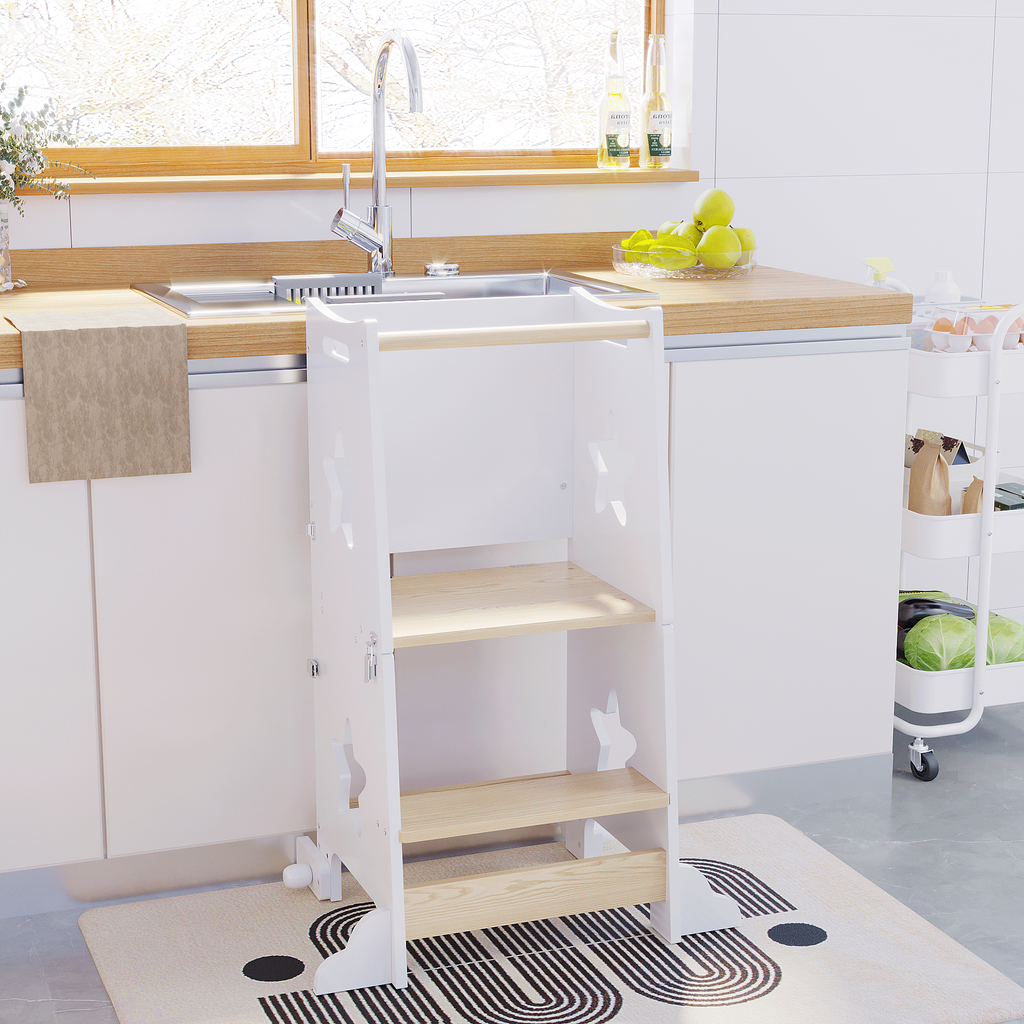 3-in-1 Toddler Kitchen Step Stool, Foldable Learning Standing Tower with Blackboard, Wooden Kitchen Stool Helper for Kids, 1-